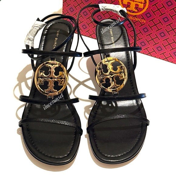 {Tory Burch} Capri Miller Wedge 85mm Sandals - Goat Leather - Black ~ Gold Logo - Picture 2 of 6